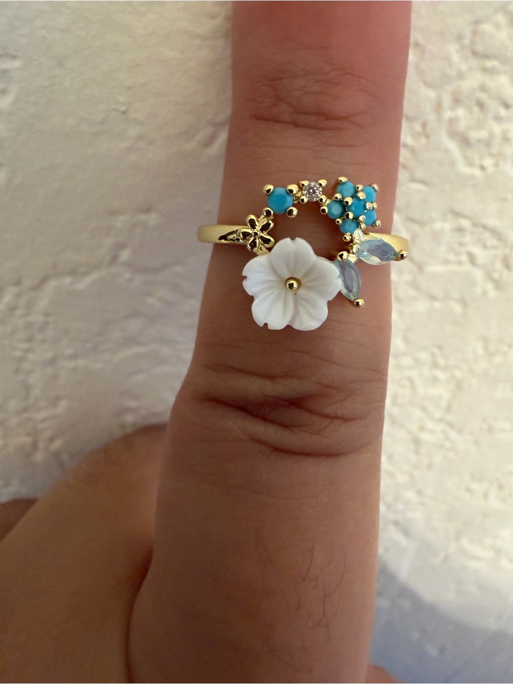 Gold Floral Ring with White Flower and Turquoise Accents - Adjustable Size 6-8